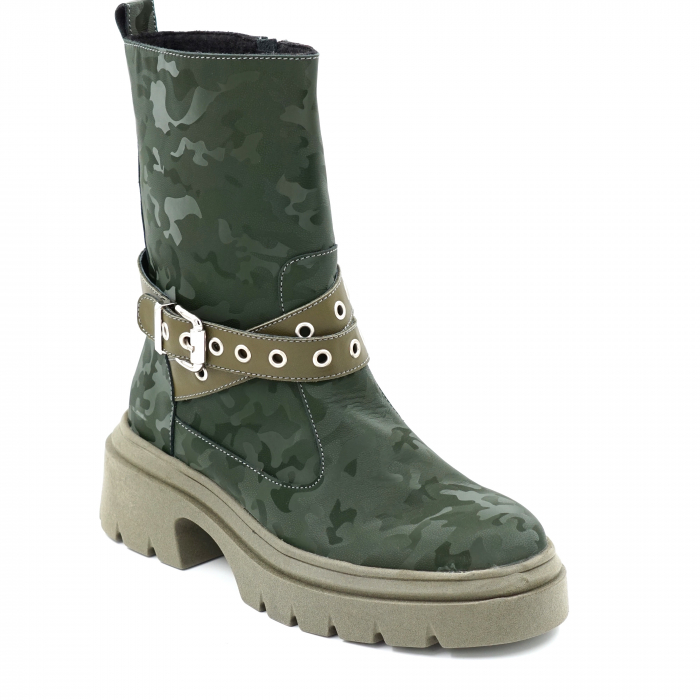 Cizme dama casual scurte din piele naturala verde inchis cu imprimeu militar 3D si verde kaki cu varf rotund, talpa 4 cm si accesorii metalice 75719-23 [2]