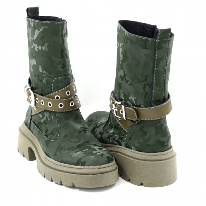 Cizme dama casual scurte din piele naturala verde inchis cu imprimeu militar 3D si verde kaki cu varf rotund, talpa 4 cm si accesorii metalice 75719-23 [3]