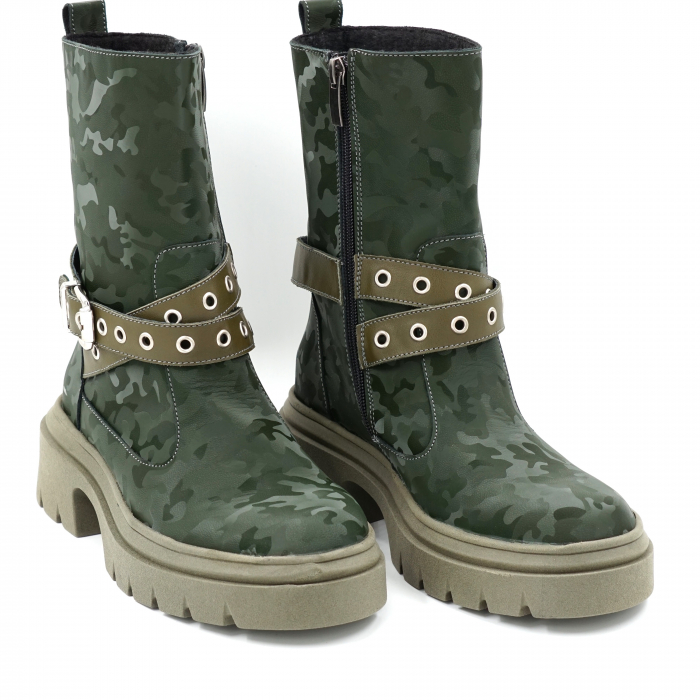 Cizme dama casual scurte din piele naturala verde inchis cu imprimeu militar 3D si verde kaki cu varf rotund, talpa 4 cm si accesorii metalice 75719-23 [4]