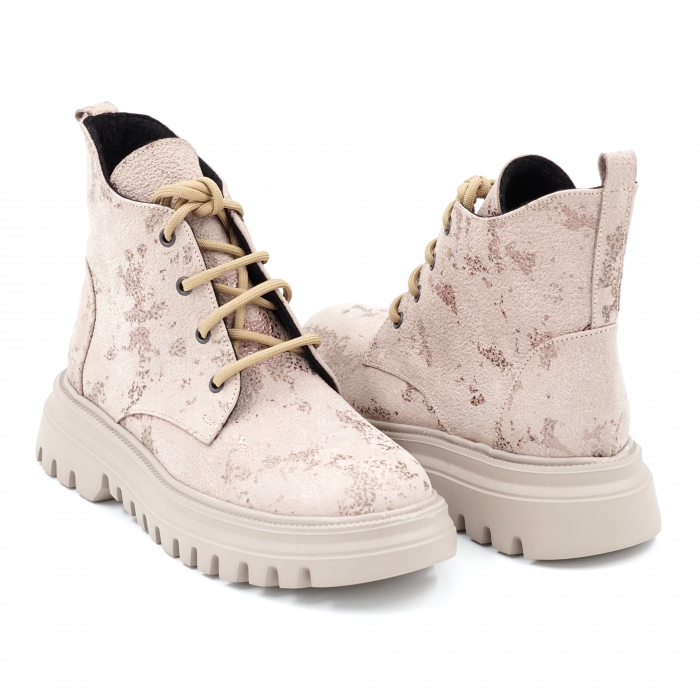 Ghete dama casual din piele naturala bej roze inchis cu imprimeu 3D cu varf rotund si talpa 3 cm 75720-23 [4]