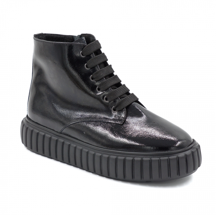 Ghete dama casual din piele naturala lacuita neagra cu varf rotund si talpa 4 cm 75921-24 [2]