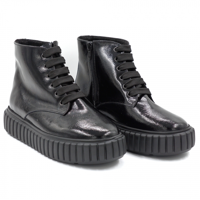 Ghete dama casual din piele naturala lacuita neagra cu varf rotund si talpa 4 cm 75921-24 [3]