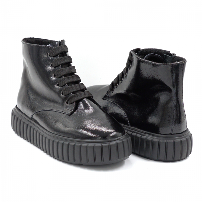Ghete dama casual din piele naturala lacuita neagra cu varf rotund si talpa 4 cm 75921-24 [4]