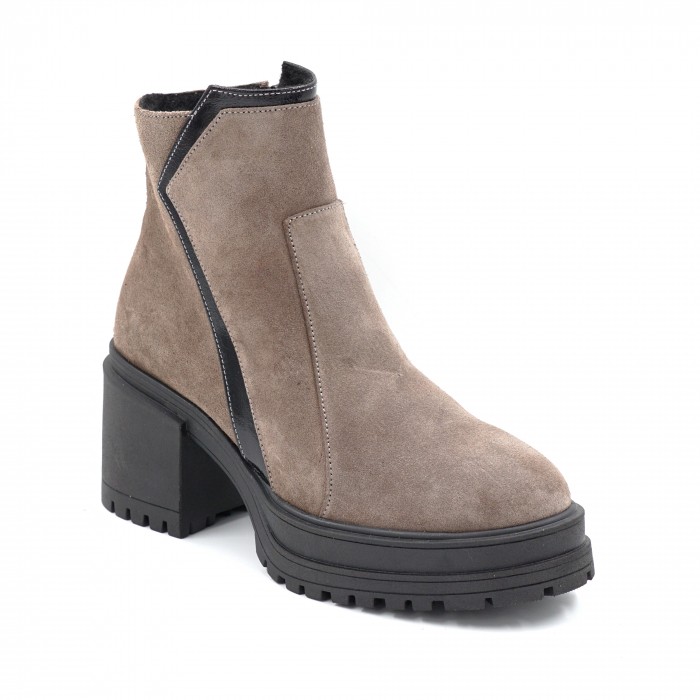 Ghete dama casual din piele naturala intoarsa grej si lac negru cu varf rotund si talpa 3 cm 76020-24 [2]