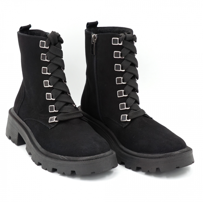 Ghete dama casual din piele naturala intoarsa neagra cu accesorii metalice cu varf rotund si talpa 3 cm 76419-23 [4]