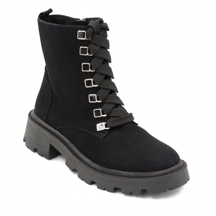 Ghete dama casual din piele naturala intoarsa neagra cu accesorii metalice cu varf rotund si talpa 3 cm 76419-23 [2]