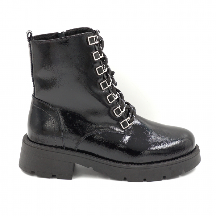 Ghete dama casual din piele naturala lacuita neagra cu accesorii metalice cu varf rotund si talpa 3 cm 76419-24 [1]