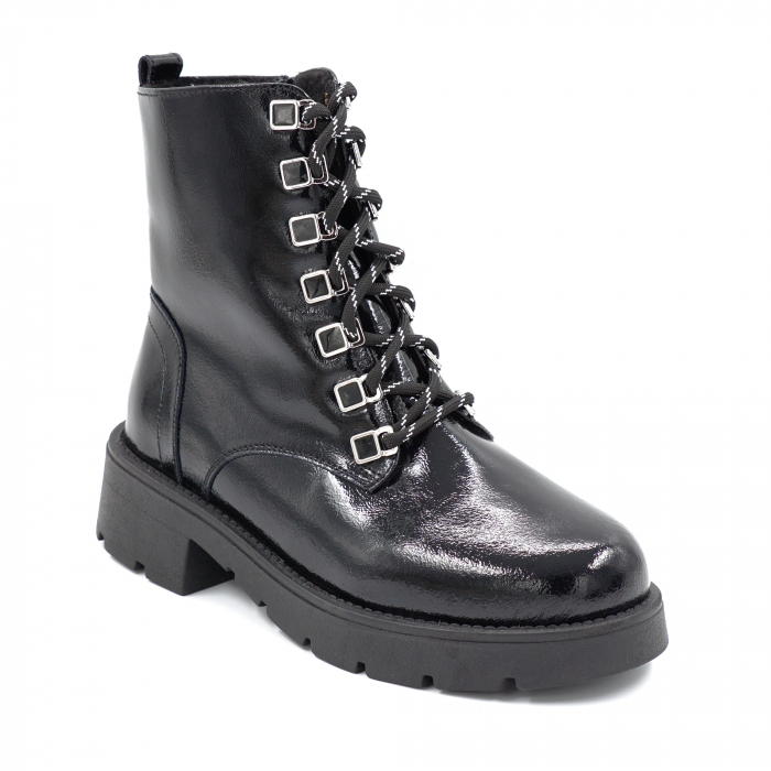 Ghete dama casual din piele naturala lacuita neagra cu accesorii metalice cu varf rotund si talpa 3 cm 76419-24 [2]