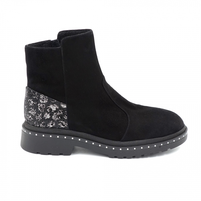 Ghete dama casual din piele naturala intoarsa neagra si cu imprimeu negru cu argintiu cu varf rotund si talpa 3 cm 76719-23 [1]