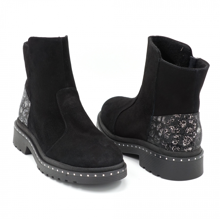 Ghete dama casual din piele naturala intoarsa neagra si cu imprimeu negru cu argintiu cu varf rotund si talpa 3 cm 76719-23 [5]