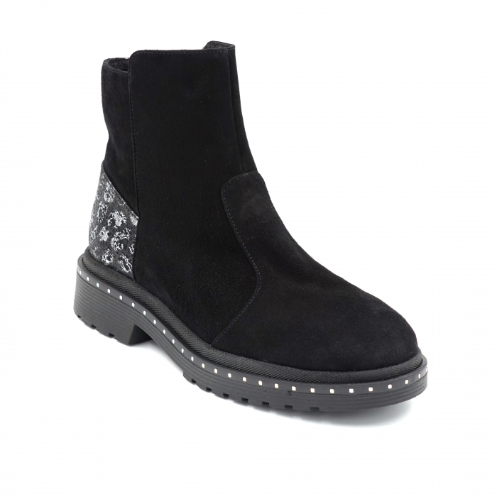 Ghete dama casual din piele naturala intoarsa neagra si cu imprimeu negru cu argintiu cu varf rotund si talpa 3 cm 76719-23 [2]