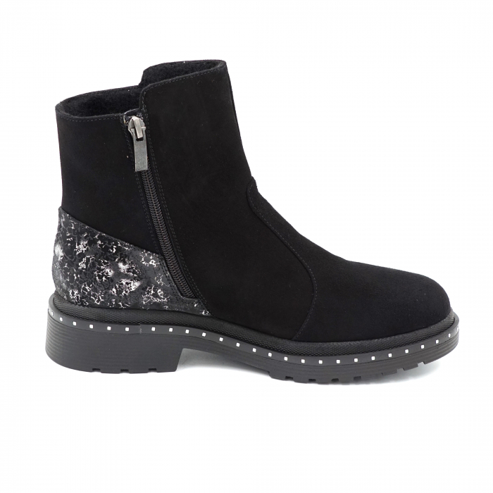Ghete dama casual din piele naturala intoarsa neagra si cu imprimeu negru cu argintiu cu varf rotund si talpa 3 cm 76719-23 [3]