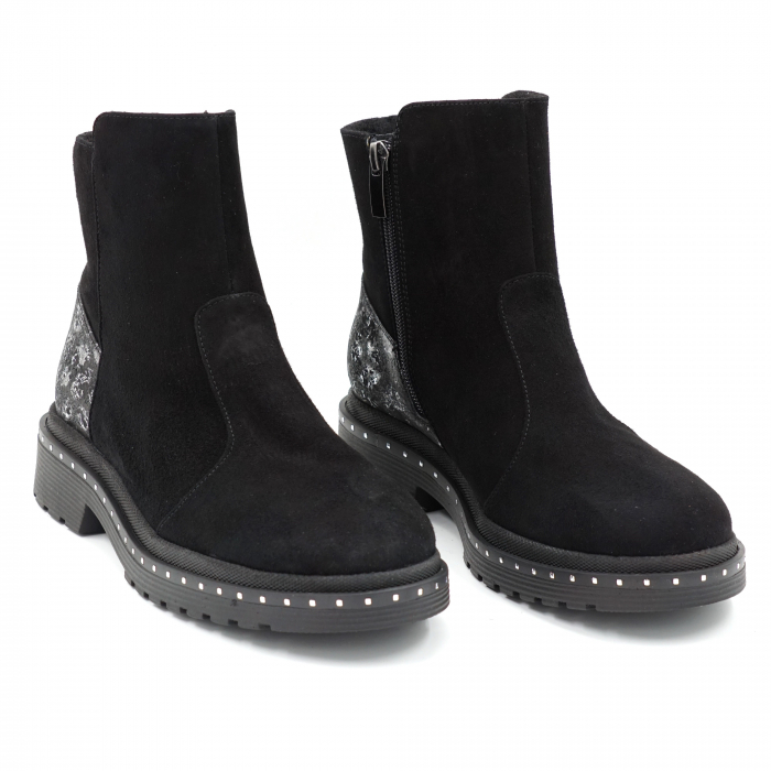 Ghete dama casual din piele naturala intoarsa neagra si cu imprimeu negru cu argintiu cu varf rotund si talpa 3 cm 76719-23 [4]