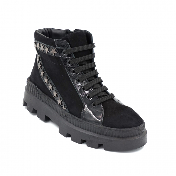 Ghete dama casual din piele naturala intoarsa neagra si lac negru cu accesorii metalice cu varf rotund si talpa 3 cm 76721-23 [2]