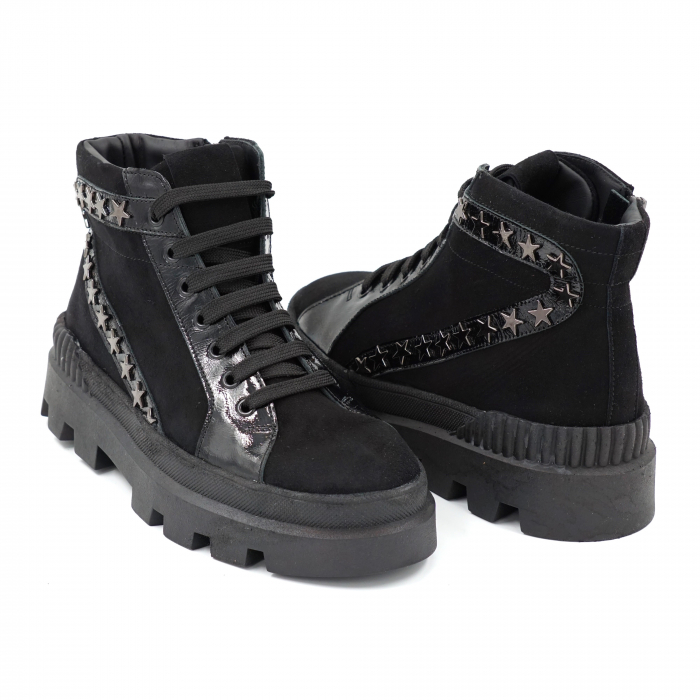 Ghete dama casual din piele naturala intoarsa neagra si lac negru cu accesorii metalice cu varf rotund si talpa 3 cm 76721-23 [5]