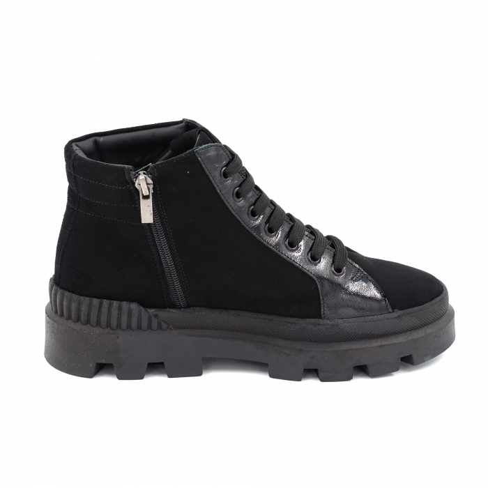 Ghete dama casual din piele naturala intoarsa neagra si lac negru cu accesorii metalice cu varf rotund si talpa 3 cm 76721-23 [3]