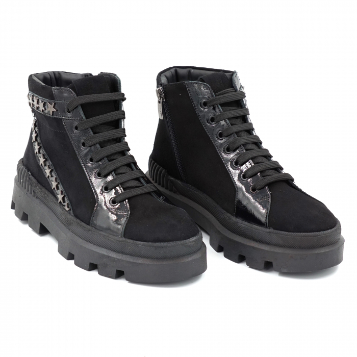 Ghete dama casual din piele naturala intoarsa neagra si lac negru cu accesorii metalice cu varf rotund si talpa 3 cm 76721-23 [4]