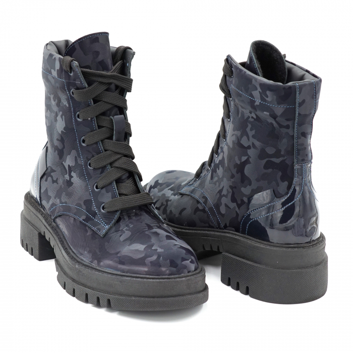Ghete dama casual din piele naturala bleumaren cu imprimeu militar 3D si lac bleumaren cu varf rotund si talpa 4 cm 77821-23 [4]