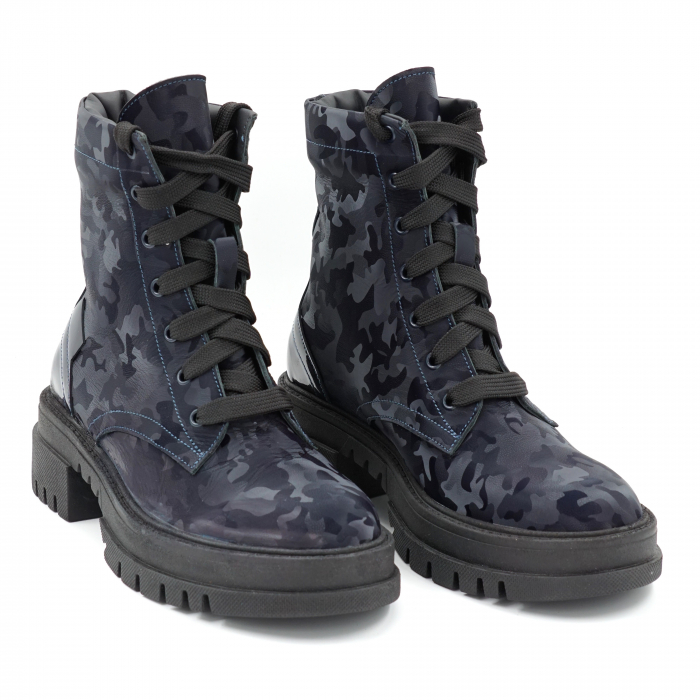 Ghete dama casual din piele naturala bleumaren cu imprimeu militar 3D si lac bleumaren cu varf rotund si talpa 4 cm 77821-23 [3]