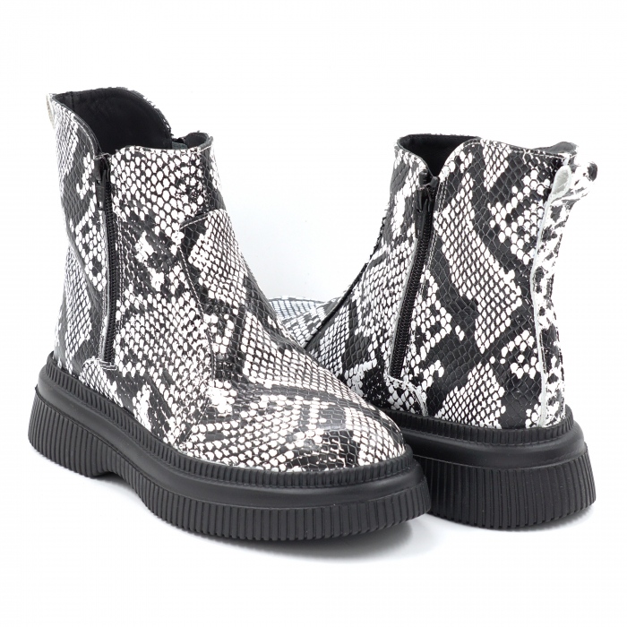 Ghete dama casual din piele naturala cu imprimeu alb cu negru cu varf rotund si talpa 3 cm 78121-1-24 [4]