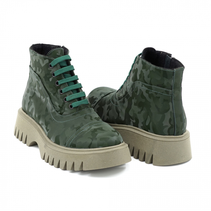Ghete dama casual din piele naturala verde menta cu imprimeu militar 3D cu varf rotund si talpa 3 cm 78218-23 [5]