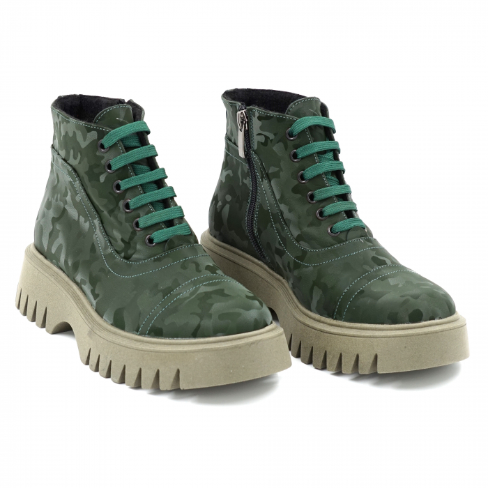 Ghete dama casual din piele naturala verde menta cu imprimeu militar 3D cu varf rotund si talpa 3 cm 78218-23 [4]