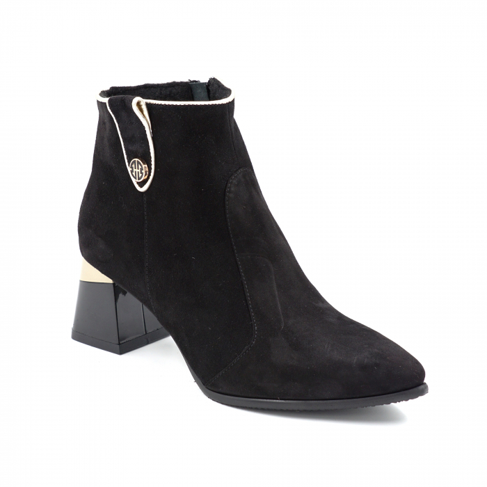 Ghete dama elegante din piele naturala intoarsa neagra si aurie cu accesoriu metalic, varf ascutit stileto si toc mic gros 5 cm 79119-1-24 [2]