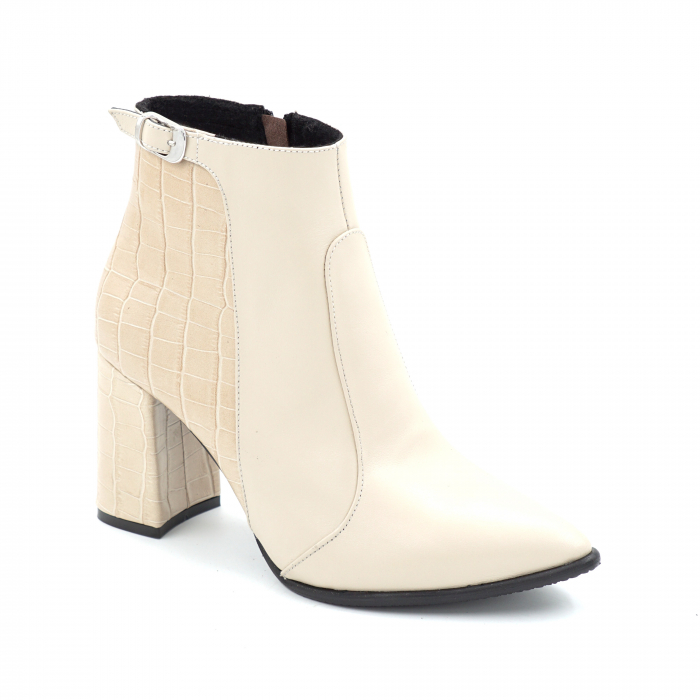 Ghete dama din piele naturala bej si cu imprimeu croco bej cu varf ascutit stiletto si toc mediu gros imbracat de 8 cm 77219-25 [2]