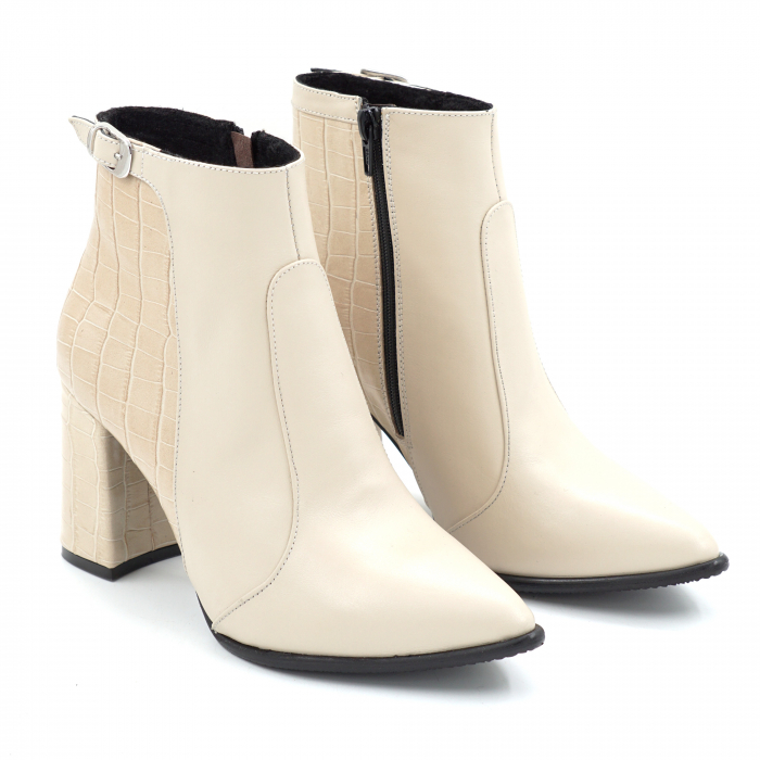Ghete dama din piele naturala bej si cu imprimeu croco bej cu varf ascutit stiletto si toc mediu gros imbracat de 8 cm 77219-25 [3]