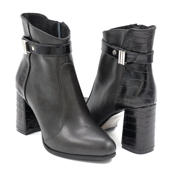 Ghete dama din piele naturala neagra cu varf rotund si toc mediu gros imbracat de 8 cm 74618-24 [4]