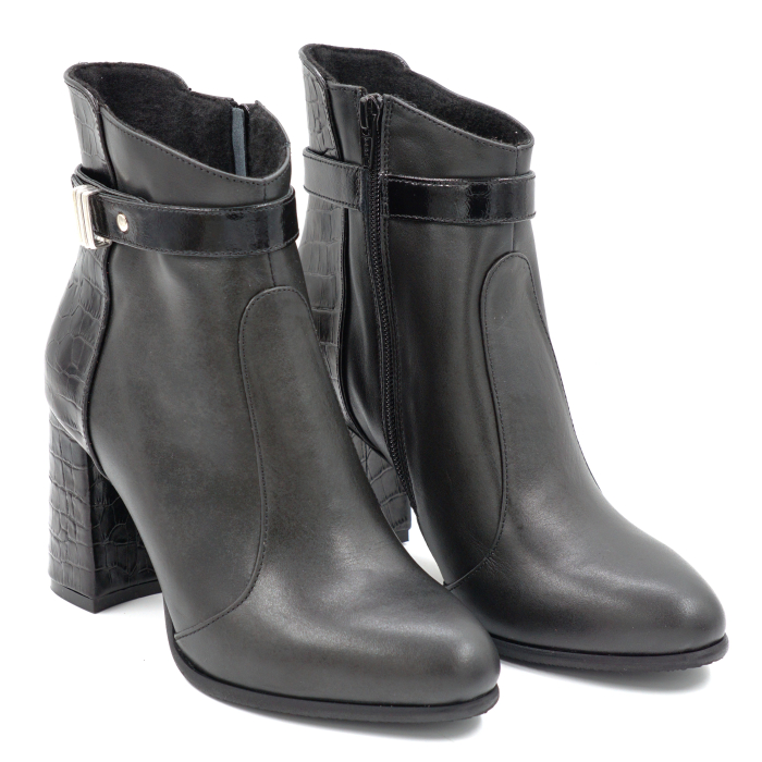 Ghete dama din piele naturala neagra cu varf rotund si toc mediu gros imbracat de 8 cm 74618-24 [3]