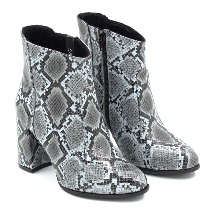 Ghete dama din piele naturala cu imprimeu sarpe cu varf rotund si toc mediu gros imbracat de 8 cm 78918-4-25 [3]