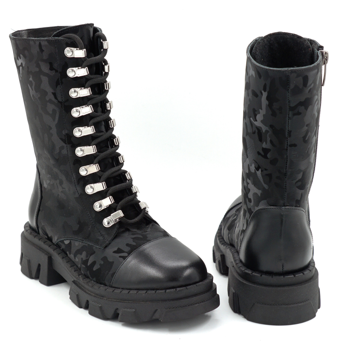 Cizme dama din piele naturala neagra si cu imprimeu negru militar cu varf rotund si talpa de 3 cm 74920-1-25 [5]