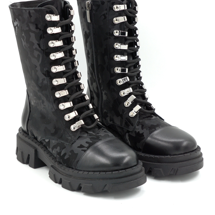 Cizme dama din piele naturala neagra si cu imprimeu negru militar cu varf rotund si talpa de 3 cm 74920-1-25 [3]