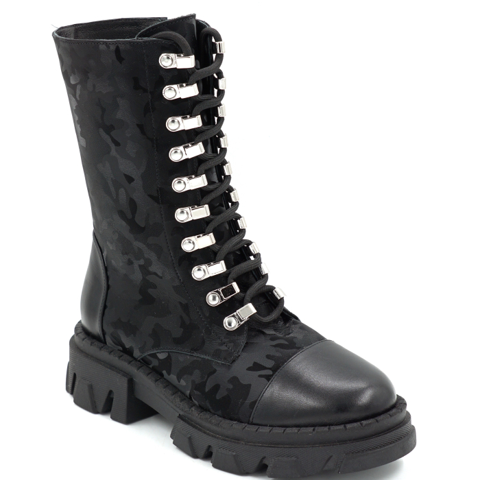 Cizme dama din piele naturala neagra si cu imprimeu negru militar cu varf rotund si talpa de 3 cm 74920-1-25 [2]