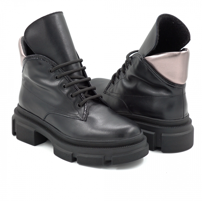 Ghete dama din piele naturala neagra si bronz cu varf rotund si talpa de 3 cm 70119-25 [4]
