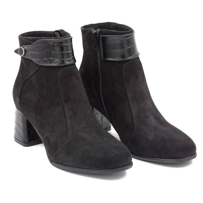 Ghete dama din piele naturala intoarsa neagra cu varf rotund si toc mic gros imbracat de 6 cm 75820-1-24 [3]
