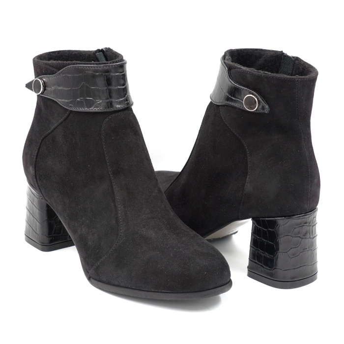 Ghete dama din piele naturala intoarsa neagra cu varf rotund si toc mic gros imbracat de 6 cm 75820-1-24 [4]