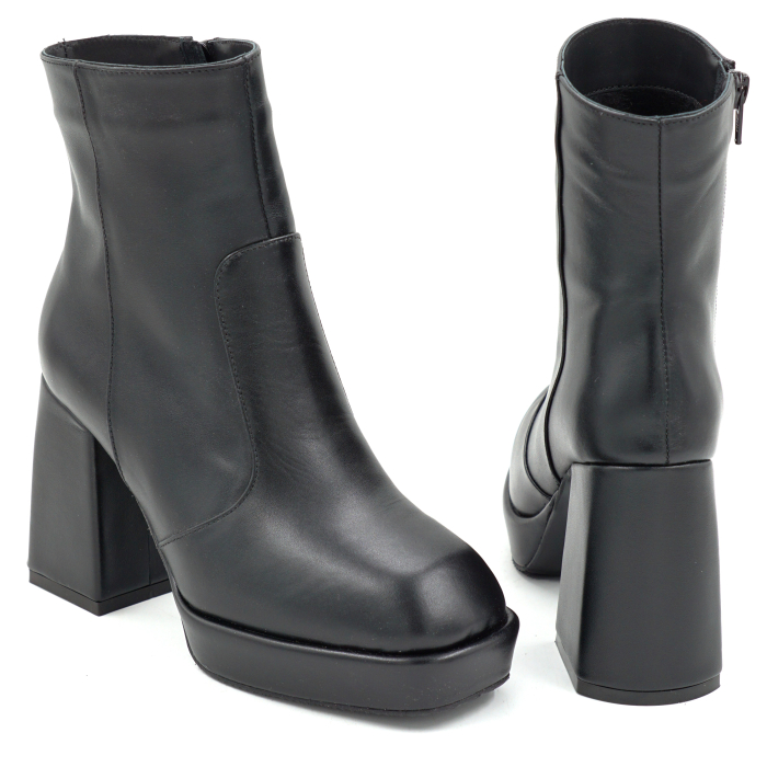 Ghete dama din piele naturala neagra cu varf patrat, platforma de 2 cm si toc inalt gros imbracat de 9 cm 70224-24 [5]