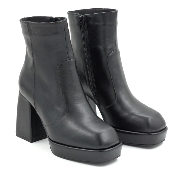 Ghete dama din piele naturala neagra cu varf patrat, platforma de 2 cm si toc inalt gros imbracat de 9 cm 70224-24 [3]