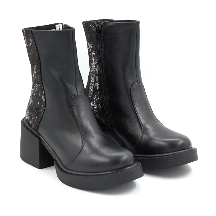 Ghete dama din piele naturala neagra si cu imprimeu 3D cu varf rotund si toc mic gros de 6 cm 73518-25 [3]