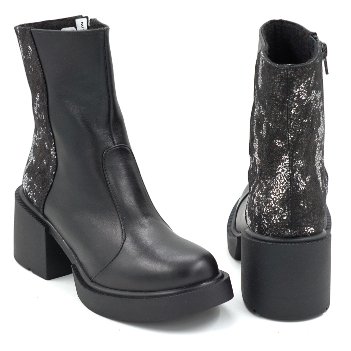 Ghete dama din piele naturala neagra si cu imprimeu 3D cu varf rotund si toc mic gros de 6 cm 73518-25 [5]