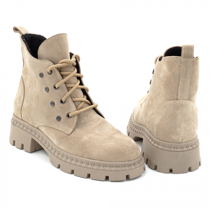 Ghete dama din piele naturala intoarsa bej cappucino cu varf rotund si talpa de 3 cm 74320-25 [2]
