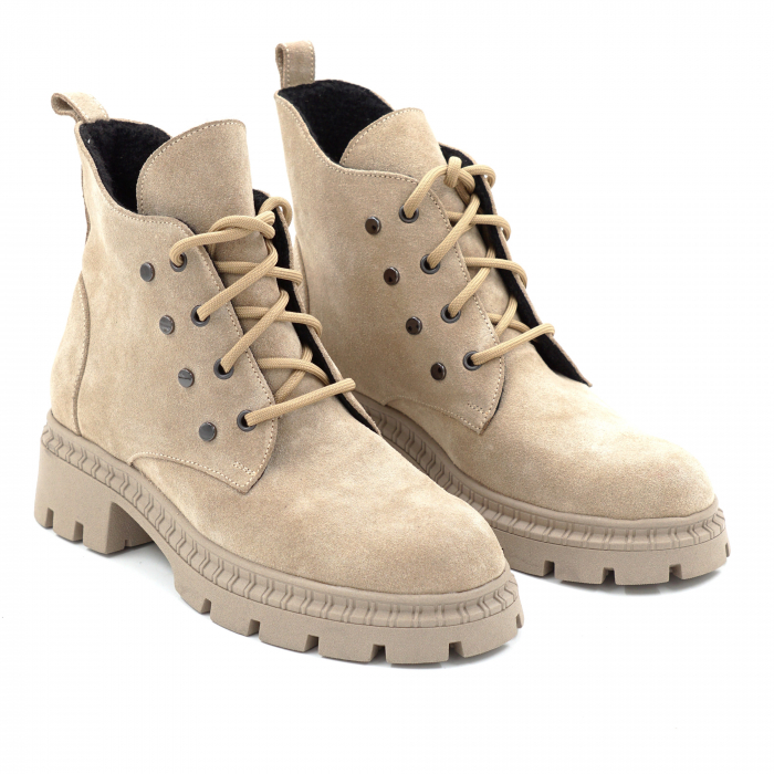 Ghete dama din piele naturala intoarsa bej cappucino cu varf rotund si talpa de 3 cm 74320-25 [4]