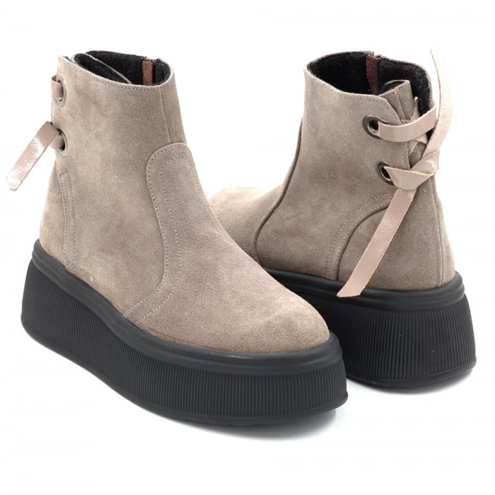 Ghete dama din piele naturala intoarsa grej cu varf rotund si talpa de 5 cm 71120-25 [4]