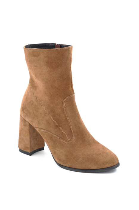 Ghete dama din piele naturala intoarsa maro coniac cu varf rotund si toc mediu gros imbracat de 8 cm 70424-24 [2]