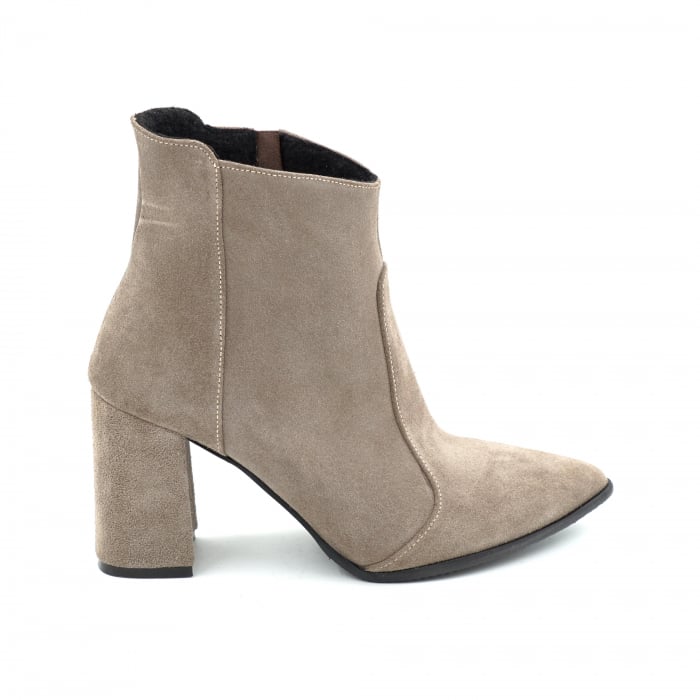 Ghete dama din piele naturala intoarsa grej cu varf ascutit stiletto si toc mediu gros imbracat de 8 cm 78918-3-25 [1]