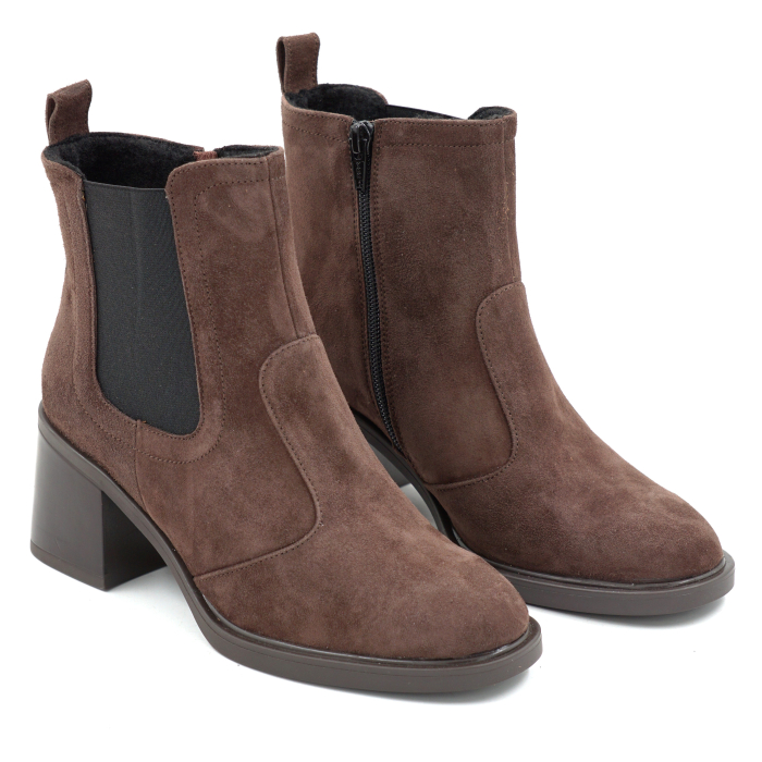 Ghete dama din piele naturala intoarsa maro inchis ciocolata cu varf rotund si toc mic gros de 5 cm 75319-1-25 [3]