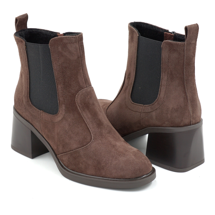 Ghete dama din piele naturala intoarsa maro inchis ciocolata cu varf rotund si toc mic gros de 5 cm 75319-1-25 [4]