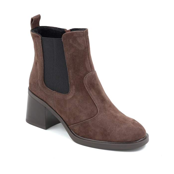 Ghete dama din piele naturala intoarsa maro inchis ciocolata cu varf rotund si toc mic gros de 5 cm 75319-1-25 [2]